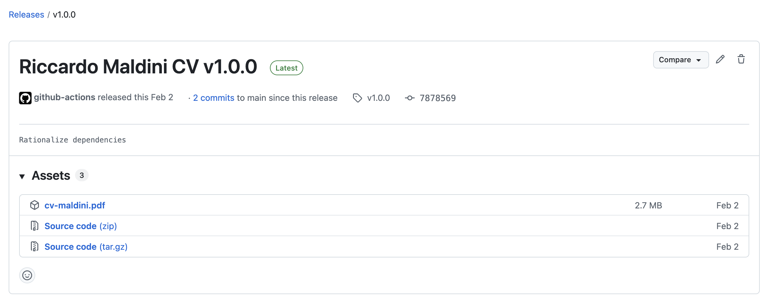 Releases screen of the project, with the version v1.0.0