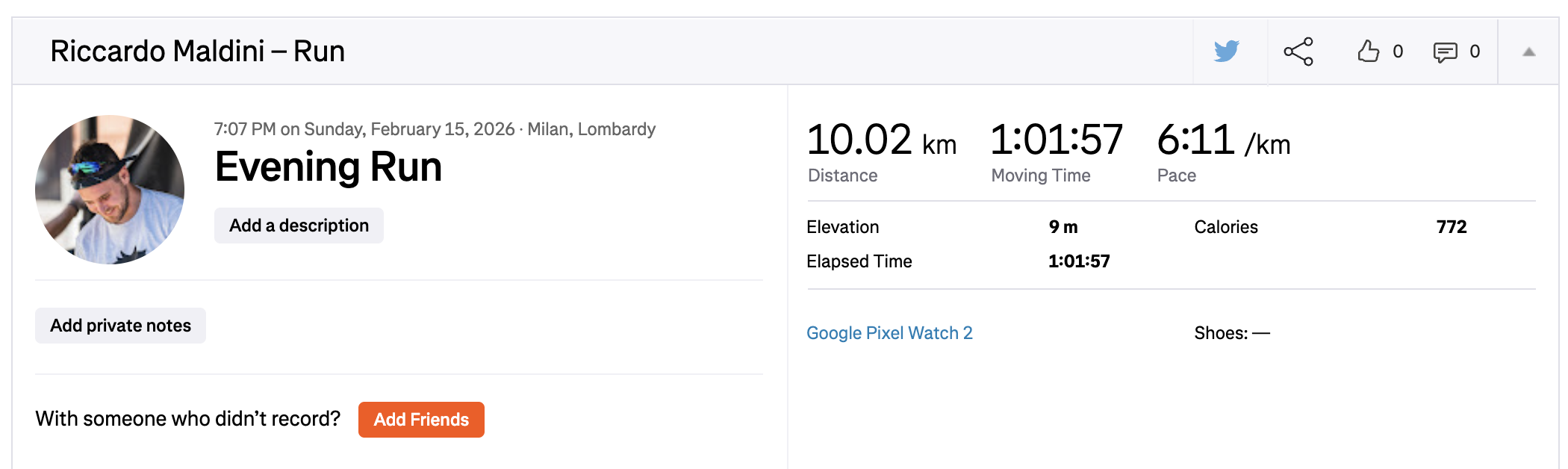 An evening run from February 2026, now immortalized as green squares Example Strava activity that generated commits